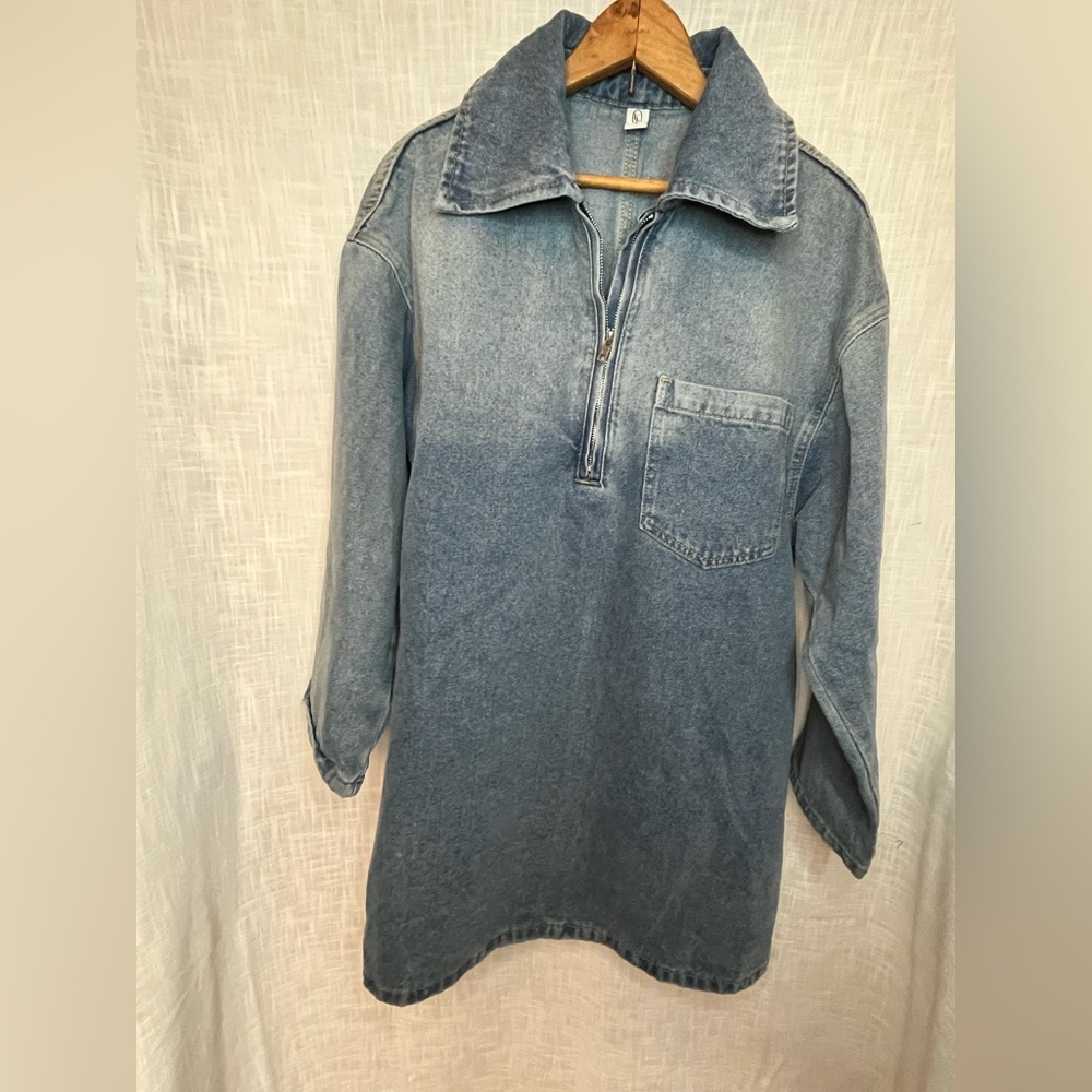 Women's Oversized Quarter-Zip Acid Wash Casual Denim Jean Mini Dress Sz small
